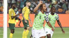 Nigeria&#039;s defender William Ekong (C) celebrates his goal during the 2019 Africa Cup of Nations (CAN) quarter final football match between Nigeria and South Africa at Cairo international stadium on July 9, 2019. (Photo by Khaled DESOUKI / AFP)