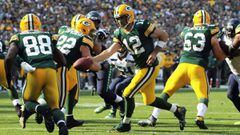 GREEN BAY, WI - SEPTEMBER 10: Aaron Rodgers #12 of the Green Bay Packers hands off to Ty Montgomery #88 during the first half against the Seattle Seahawks at Lambeau Field on September 10, 2017 in Green Bay, Wisconsin.   Dylan Buell/Getty Images/AFP == FOR NEWSPAPERS, INTERNET, TELCOS &amp; TELEVISION USE ONLY ==