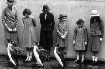 Isabel visita en 1938, con doce años, el Zoo de Londres (segunda a nuestra izquierda). 
 
