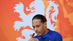 Netherlands' defender Virgil van Dijk gives a press conference at the Qatar University Training Site 6 in Doha on December 7, 2022, during the Qatar 2022 World Cup football tournament. - Netherlands and Argentina will meet in one of the Qatar 2022 World Cup quarter-finals on December 9. (Photo by Alberto PIZZOLI / AFP)