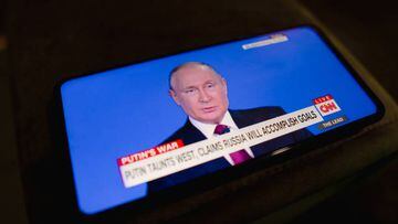 BRAZIL - 2022/06/18: In this photo illustration, a live broadcast of Vladimir Putin, the president of Russia, on the CNN TV network from the United States. Putin provoked the West and said Russia will meet set targets. (Photo Illustration by Rafael Henrique/SOPA Images/LightRocket via Getty Images)