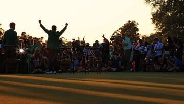 AUGUSTA, GEORGIA - APRIL 11: Hideki Matsuyama of Japan celebrates during the Green Jacket Ceremony after winning the Masters at Augusta National Golf Club on April 11, 2021 in Augusta, Georgia.   Mike Ehrmann/Getty Images/AFP == FOR NEWSPAPERS, INTERNET,