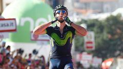 Spain&#039;s Gorka Izagirre of team Movistar celebrates as he crosses the finish line to win the 8th stage of the 100th Giro d&#039;Italia, Tour of Italy, cycling race from Molfetta to Peschici on May 13, 2017.  / AFP PHOTO / Luk BENIES
