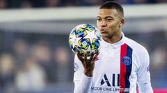 Paris Saint Germain player Kylian Mbappe celebrates after his hat trick and got the match ball during the UEFA Champions League, Group A football match between Club Brugge and Paris Saint-Germain on October 22, 2019 at Jan Breydel Stadium in Brugge, Belgi