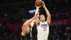 Jan 24, 2018; Los Angeles, CA, USA; LA Clippers forward Blake Griffin (32) shoots the ball over Boston Celtics center Aron Baynes (46) during the second half at Staples Center. Mandatory Credit: Richard Mackson-USA TODAY Sports