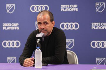 Nov 25, 2023; Orlando, Florida, USA; Orlando City head coach Oscar Pareja addresses the media following an extra time defeat to Columbus Crew in a MLS Cup Eastern Conference Semifinal match at Exploria Stadium. Mandatory Credit: Nathan Ray Seebeck-USA TODAY Sports