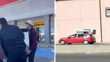 Intentan transportar un refrigerador en la cajuela de un auto Matiz, durante saqueos en Culiacán