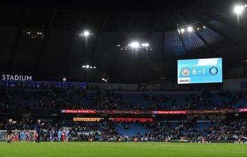 The scoreboard shows the final 6-1 score after the English League Cup third round football match between Manchester City and Wycombe Wanderers at the Etihad stadium in Manchester, northwest England on September 21, 2021. - Manchester City won the match 6-