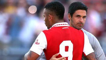 NUREMBERG, GERMANY - JULY 08: Gabriel Jesus of Arsenal reacts with head coach Mikel Arteta after the pre-season friendly match between 1. FC Nürnberg and Arsenal F.C. at Max-Morlock-Stadion on July 08, 2022 in Nuremberg, Germany. (Photo by Alexander Hassenstein/Getty Images)