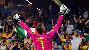 Sep 27, 2023; Los Angeles, CA, USA; Tigres UANL goalkeeper Nahuel Guzman (1) celebrates with the Campeones Cup trophy after defeating the Los Angeles FC at BMO Stadium. Mandatory Credit: Gary A. Vasquez-USA TODAY Sports