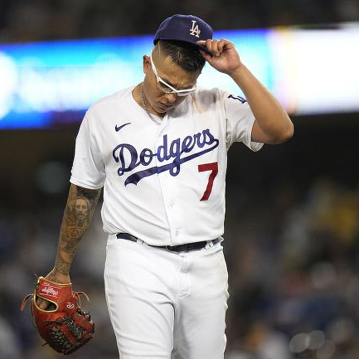 Los Angeles Dodgers pitcher Julio Urias celebrates the end of the