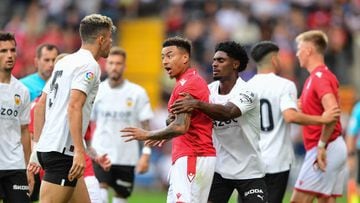 Tempers heat up as Jesse Lingard of Nottingham Forest attempts to calm things down during the Pre-season Friendly match between Nottingham Forest and Valencia CF at Meadow Lane, Nottingham on Saturday 30th July 2022.  (Photo by Jon Hobley/MI News/NurPhoto via Getty Images)