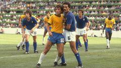 5 Jul 1982:  Zico (left) of Brazil and Claudio Gentile of Italy mark each other during the World Cup