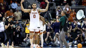 KANSAS CITY, MISSOURI - MARCH 24: Timmy Allen #0 of the Texas Longhorns celebrates after defeating the Xavier Musketeers 83-71 during the Sweet 16 round of the NCAA Men's Basketball Tournament at T-Mobile Center on March 24, 2023 in Kansas City, Missouri.   Jamie Squire/Getty Images/AFP (Photo by JAMIE SQUIRE / GETTY IMAGES NORTH AMERICA / Getty Images via AFP)