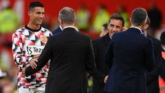 Cristiano Ronaldo ran over to Sky Sports' pre-game chat to greet former teammates Gary Neville and Roy Keane, but completely ignored Jamie Carragher.