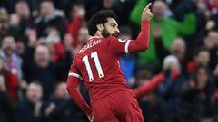 El extremo egipcio del Liverpool, Mohamed Salah, celebrando un gol durante un partido.