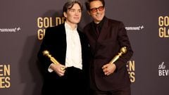 Cillian Murphy, winner of the award for Best Performance by a Male Actor in a Motion Picture for "Oppenheimer", and Robert Downey Jr., winner of the award for Best Performance by a Male Actor in a Supporting Role in any Motion Picture for "Oppenheimer", pose at the 81st Annual Golden Globe Awards in Beverly Hills, California, U.S., January 7, 2024. REUTERS/Mario Anzuoni
