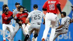 CLEVELAND, OH - AUGUST 05: Jose Ramirez #11 of the Cleveland Guardians (fourth from left) is restrained as Tim Anderson #7 of the Chicago White Sox falls to the ground during a fight in the sixth inning at Progressive Field on August 05, 2023 in Cleveland, Ohio.   Ron Schwane/Getty Images/AFP (Photo by Ron Schwane / GETTY IMAGES NORTH AMERICA / Getty Images via AFP)