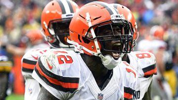 Cleveland Browns wide receiver Josh Gordon (12) reacts after catching a 17-yard touchdown pass during the second half of an NFL football game against the Pittsburgh Steelers, Sunday, Sept. 9, 2018, in Cleveland. (AP Photo/David Richard)