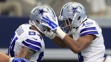 ARLINGTON, TX - OCTOBER 01: James Hanna #84 and Brice Butler #19 of the Dallas Cowboys celebrate Hanna&#039;s touchdown in the second half of a game against the Los Angeles Rams at AT&amp;T Stadium on October 1, 2017 in Arlington, Texas.   Ronald Martinez/Getty Images/AFP == FOR NEWSPAPERS, INTERNET, TELCOS &amp; TELEVISION USE ONLY ==