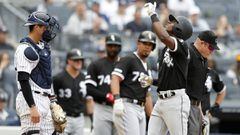 NEW YORK, NEW YORK - APRIL 14:   Tim Anderson #7 of the Chicago White Sox celebrates his fourth inning grand slam home run with his teammates as Kyle Higashioka #66 of the New York Yankees looks on at Yankee Stadium on April 14, 2019 in the Bronx borough of New York City. (Photo by Jim McIsaac/Getty Images)