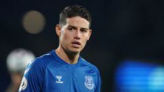 LIVERPOOL, ENGLAND - APRIL 16: James Rodriguez of Everton looks on during the Premier League match between Everton and Tottenham Hotspur at Goodison Park on April 16, 2021 in Liverpool, England. Sporting stadiums around the UK remain under strict restrictions due to the Coronavirus Pandemic as Government social distancing laws prohibit fans inside venues resulting in games being played behind closed doors. (Photo by Jon Super - Pool/Getty Images)