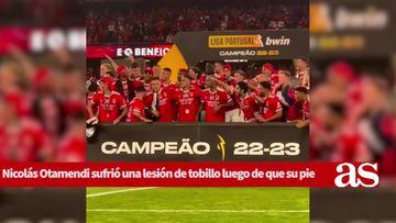 Nicolás Otamendi se lesiona el tobillo durante el festejo del título del Benfica