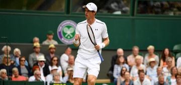 Andy Murray of Great Britain celebrates during the Gentlemen's Singles first round match against Alexander Bublik of Kazakhstan on day one of the Wimbledon Lawn Tennis Championships at the All England Lawn Tennis and Croquet Club on July 3, 2017 in London