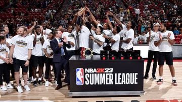 LAS VEGAS, NV - JULY 17: The Portland Trail Blazers receive the 2022 Summer League championship trophy after the game against the New York Knicks during the 2022 Las Vegas Summer League on July 17, 2022 at the Thomas & Mack Center in Las Vegas, Nevada