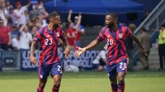 Jul 18, 2021; Kansas City, Kansas, USA; United States defender Shaq Moore (20) celebrates with midfielder Kellyn Acosta (23) after scoring a goal against Canada during the CONCACAF Gold Cup Soccer group stage play at Children&#039;s Mercy Park. Mandatory 