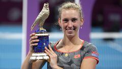 Elise Mertens poses with the Qatar Open trophy.  