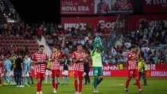 GIRONA, SPAIN - AUGUST 26: Girona FC players acknowledge the fans following their sides defeat in the LaLiga Santander match between Girona FC and RC Celta at Montilivi Stadium on August 26, 2022 in Girona, Spain. (Photo by Alex Caparros/Getty Images)