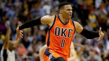 DENVER, CO - APRIL 09: Russell Westbrook #0 of the Oklahoma City Thunder celebrates after scoring a game-winning, three-point shot at the buzzer against the Denver Nuggets at Pepsi Center on April 9, 2017 in Denver, Colorado. NOTE TO USER: User expressly acknowledges and agrees that , by downloading and or using this photograph, User is consenting to the terms and conditions of the Getty Images License Agreement.   Matthew Stockman/Getty Images/AFP == FOR NEWSPAPERS, INTERNET, TELCOS &amp; TELEVISION USE ONLY ==