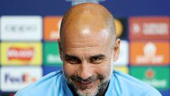 MANCHESTER, ENGLAND - SEPTEMBER 13: Pep Guardiola, Manager of Manchester City speaks during a press conference ahead of their UEFA Champions League group G match against Borussia Dortmund at Etihad Stadium on September 13, 2022 in Manchester, England. (Photo by Charlotte Tattersall/Getty Images)