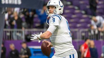 MINNEAPOLIS, MN - DECEMBER 17: Indianapolis Colts quarterback Nick Foles (9) warms up before the NFL game between the Indianapolis Colts and Minnesota Vikings on December 17th, 2022, at U.S. Bank Stadium in Minneapolis, MN. (Photo by Bailey Hillesheim/Icon Sportswire via Getty Images)