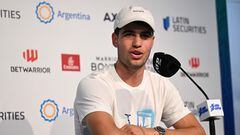 Spanish tennis player Carlos Alcaraz speaks during a press conference within the ATP Tour 2023 Buenos Aires Open, in Buenos Aires on February 11, 2023. (Photo by Luis ROBAYO / AFP)