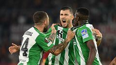 Soccer Football - Europa League - Group C - AS Roma v Real Betis - Stadio Olimpico, Rome, Italy - October 6, 2022  Real Betis' Guido Rodriguez celebrates scoring their first goal with  Aitor Ruibal and Luiz Henrique REUTERS/Alberto Lingria