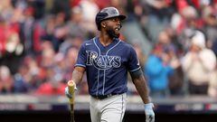 CLEVELAND, OHIO - OCTOBER 07: Randy Arozarena #56 of the Tampa Bay Rays walks back to the dugout after striking out in the fouth inning against the Cleveland Guardians during game one of the Wild Card Series at Progressive Field on October 07, 2022 in Cleveland, Ohio.   Patrick Smith/Getty Images/AFP