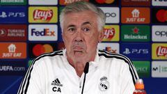Real Madrid's Italian coach Carlo Ancelotti answers to journalists during a press conference at the Ciudad Real Madrid training complex in Valdebebas, outskirts of Madrid, on September 13, 2022, on the eve of their UEFA Champions League, group F, first leg football match against RB Leipzig. (Photo by Thomas COEX / AFP)