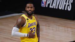 LAKE BUENA VISTA, FLORIDA - AUGUST 29: LeBron James #23 of the Los Angeles Lakers looks on against the Portland Trail Blazers during the third quarter in Game Five of the Western Conference First Round during the 2020 NBA Playoffs at AdventHealth Arena at