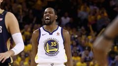 OAKLAND, CA - MAY 08: Kevin Durant #35 of the Golden State Warriors reacts after making a basket against the New Orleans Pelicans during Game Five of the Western Conference Semifinals of the 2018 NBA Playoffs at ORACLE Arena on May 8, 2018 in Oakland, Cal