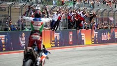 Apr 16, 2023; Austin, TX, USA; Alex Rins (42) of Spain and LCR Honda Castrol celebrates as he crosses the finish line for winning the Red Bull Grand Prix of the Americas on Sunday at Circuit of the Americas. Mandatory Credit: Dustin Safranek-USA TODAY Sports