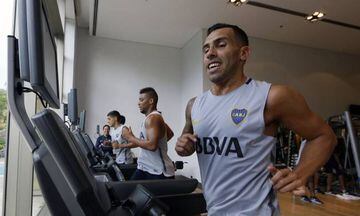 Handout picture released by Club Atletico Boca Juniors showing Argentinian footballer Carlos Tevez training with his teammates at Los Cardales, in Buenos Aires