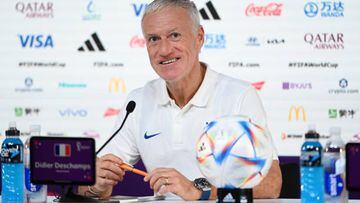 DOHA, QATAR - NOVEMBER 29: Didier Deschamps, Head Coach of France, reacts during the France Press Conference at the main Media Center on November 29, 2022 in Doha, Qatar. (Photo by Michael Regan - FIFA/FIFA via Getty Images)
