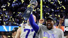 American Football  - NFL - Super Bowl LVI - Cincinnati Bengals v Los Angeles Rams - SoFi Stadium, Inglewood, California, United States - February 13, 2022 Los Angeles Rams&#039; Von Miller and Andrew Whitworth celebrate with the Vince Lombardi Trophy afte