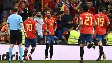 Spain&#039;s defender Sergio Ramos (C) celebrates his goal during the UEFA Euro 2020 group F qualifying football match between Spain and Sweden at the Santiago Bernabeu stadium in Madrid on June 10, 2019. (Photo by OSCAR DEL POZO / AFP)