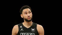 Dec 9, 2022; Brooklyn, New York, USA; Brooklyn Nets guard Ben Simmons (10) reacts during the second quarter against the Atlanta Hawks at Barclays Center. Mandatory Credit: Brad Penner-USA TODAY Sports