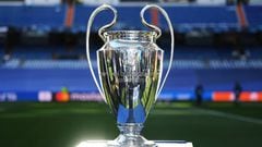 MADRID, SPAIN - MAY 04: A detailed view of the UEFA Champions League trophy is seen on a plinth prior to the UEFA Champions League Semi Final Leg Two match between Real Madrid and Manchester City at Estadio Santiago Bernabeu on May 04, 2022 in Madrid, Spain. (Photo by Michael Regan/Getty Images)
