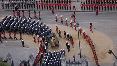 Procession on the day of the state funeral and burial of Britain's Queen Elizabeth in London, Britain, September 19, 2022.   The UK Armed Forces have played a part in the procession for Her Majesty The Queen’s funeral and committal service today, in London and Windsor.  Marking the end to 10 days of proceedings, service personnel representing a variety of regiments, ships and air stations that held a special relationship with Her Majesty The Queen took part in the funeral processions in London and Windsor.  Around 4,000 regular and reserve soldiers, sailors, marines and aviators, as well as musicians from Armed Forces bands, took part in the proceedings today. This included over 3,000 military personnel in central London, with 1,650 personnel forming part of the procession from the Palace of Westminster to Westminster Abbey and procession from Westminster Abbey to Wellington Arch.  In Windsor, over 1,000 military personnel were involved in ceremonial activity, including 410 taking part in the procession from Albert Road, Windsor, to St George’s Chapel, Windsor Castle.    Wo1 Rupert Frere/Pool via REUTERS