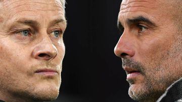 FILE PHOTO (EDITORS NOTE: COMPOSITE OF IMAGES - Image numbers 1074604018,1141519827 - GRADIENT ADDED) In this composite image a comparison has been made between Ole Gunnar Solskjaer, Manager of Manchester United (L) and Josep Guardiola, Manager of Manches